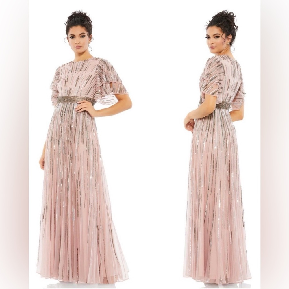 NWT Mac Duggal Embellished Full Length Layered Sleeve Gown Vintage Rose 93582